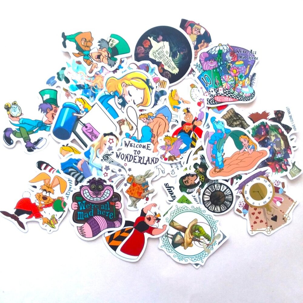 Alice in Wonderland Stickers HUGE Lot 38 Cheshire Cat Laptop Bottle Luggage Fun